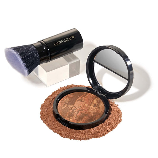 LAURA GELLER NEW YORK Baked Balance-n-Brighten Foundation with Kabuki Brush Makeup Set, Deep | alldaygood beauty