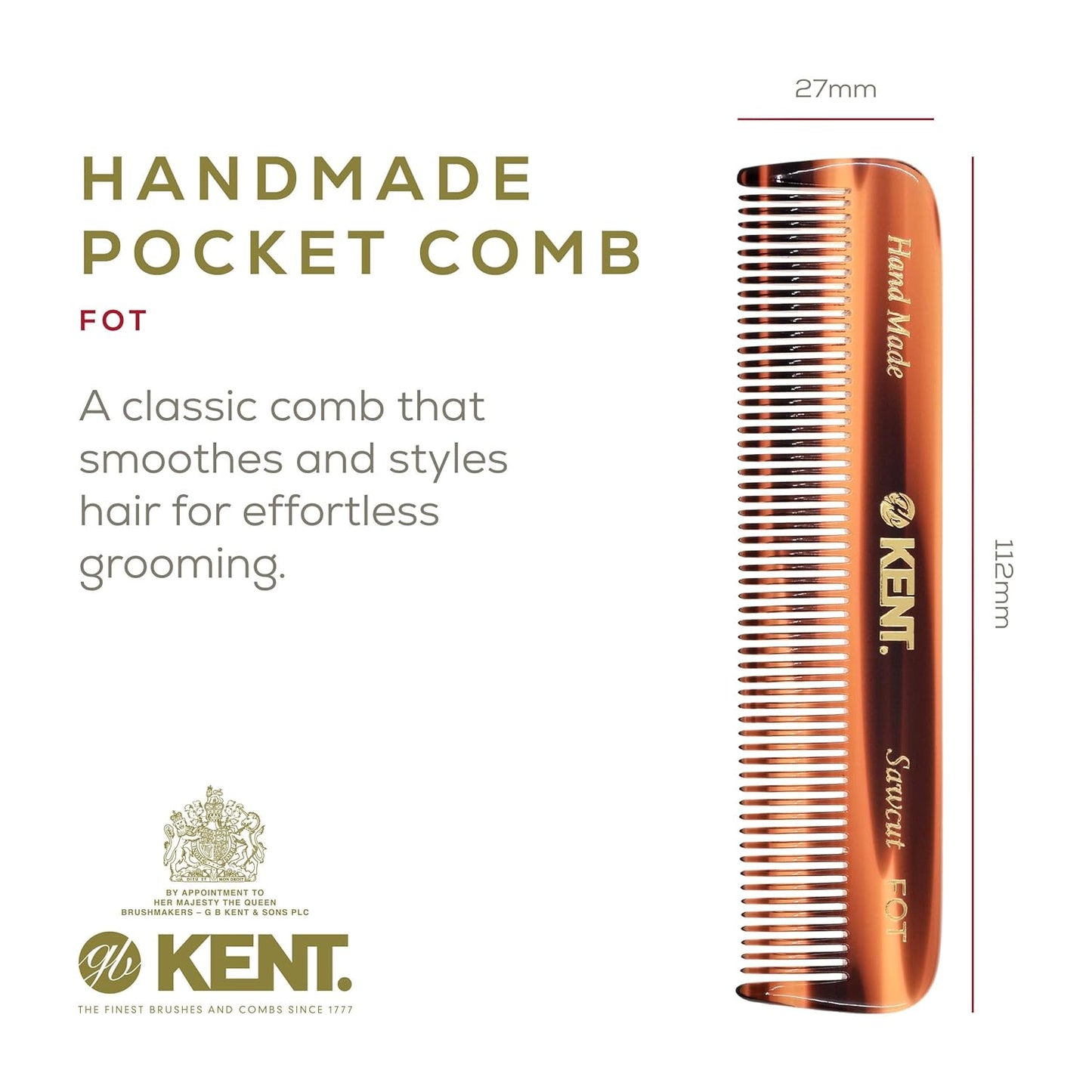 Kent FOT Tortoise Fine Tooth Comb for Men - Handmade Pocket Comb for Travel, Styling, Fine or Thinning Hair, Mustache and Beard Care Handpolished Saw-Cut Made in England