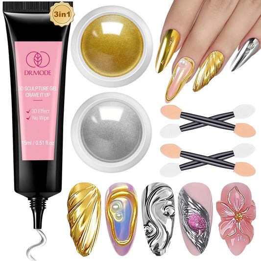 3D Nail Gel and Chrome Nail Powder Kit, 3 in 1 No Wipe Clear 3D Sculpting Gel for Nail Art Carving Molding Rhinestone Glue 15g, Gold Silver Metallic Mirror Nail Chrome Powder Glitter for Manicure | alldaygood beauty