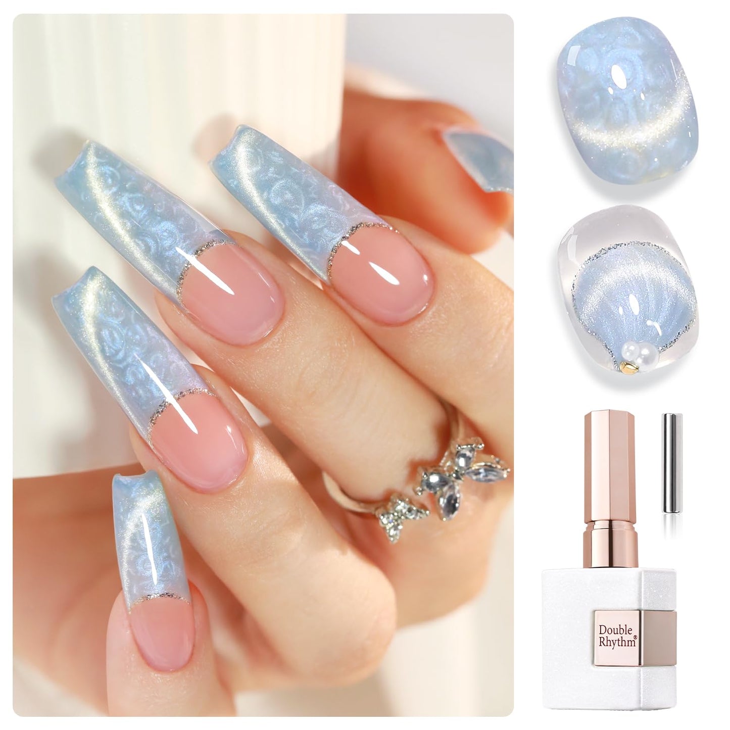 Double Rhythm 15ML Ice Glass Cat Eye Gel Polish with Magnet Holographic Glitter Shimmer Translucent Sheer Color Salon Soak Off Magnetic Nail at Home (Mermaid Blue-MC1135)