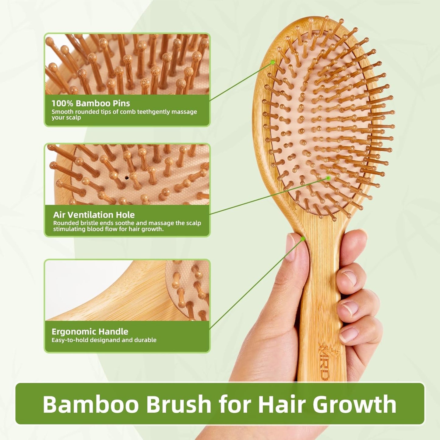 MRD Hair brush, Natural Bamboo Paddle Detangling Hairbrush, Massage Scalp Thick/Thin/Curly/Dry Hair For Women & Men