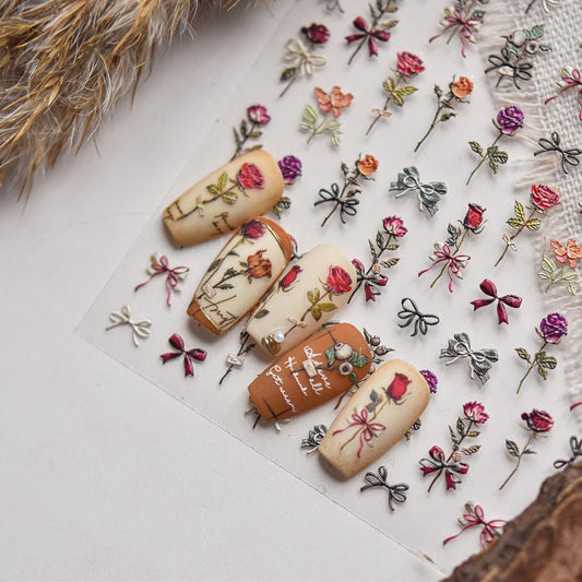 5D Embossed Rose Nail Stickers Flower Nail Art Floral Nail Decals Cute Stickers for Nails Designs Self Adhesive Nail Art Supplies & Decorations for Women Girls 1 Sheet