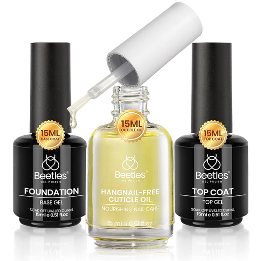 Beetles Gel Top Coat Base Coat Cuticle Oil Set, 3Pcs 15ml No Wipe Top Coat Gel Nail Polish Glossy Shine Long Lasting Cuticle Protectors Kit Oil Care for Dry Damaged Cuticles Gift for Women | alldaygood beauty