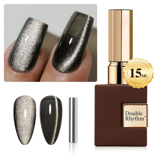 Double Rhythm 0.5 OZ Cat Eye Gel Polish with Magnet 15ML Holographic Glitter Shimmer Translucent Jelly Color Magnetic Polish Salon DIY at Home (Black-MC1047) | alldaygood beauty