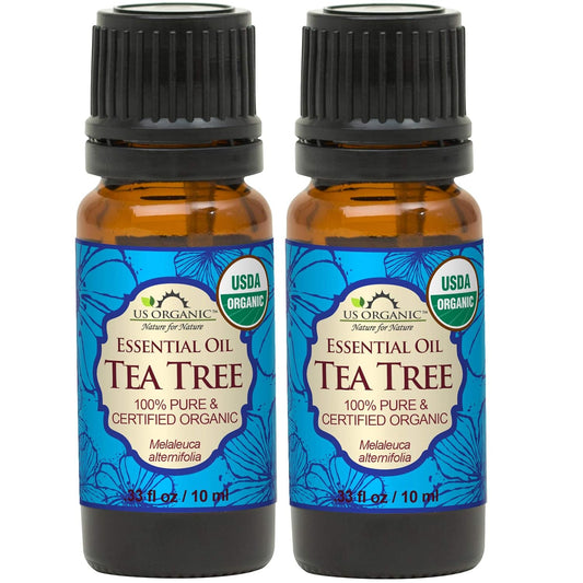 US Organic 100% Pure Tea Tree Essential Oil, Steam Distilled, USDA Certified Organic, for Hair, Skin, Scalp, Foot, Toenails, and More. Sourced from South Africa, Undiluted, Non-GMO (10 ml, 2 Pack) | alldaygood beauty