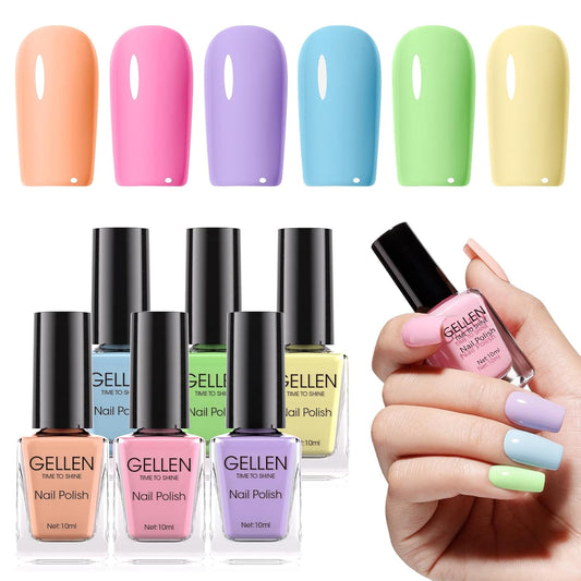 Gellen Pastel Regular Nail Polish Non Gel, Fast Air Drying Spring Summer Nail Polish No UV Light Needed Macaron 6 Colors Nude Pink Purple Blue Green Yellow Set for Women Manicure Home Salon, Hema Free | alldaygood beauty