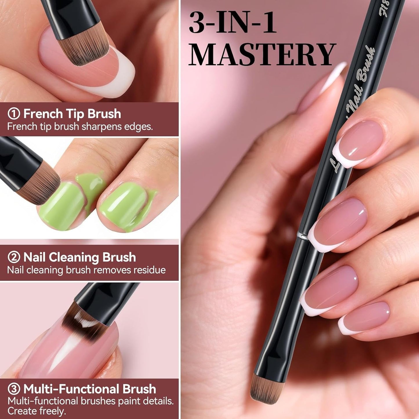 Nail Brush for French Tip, Nail Cleaning Brush for Gel & Acrylic - Professional Kolinsky Sable French Manicure Brush, Thin Nail Art Brush for Precise Clean Up & Polygel Application (Black, F14)
