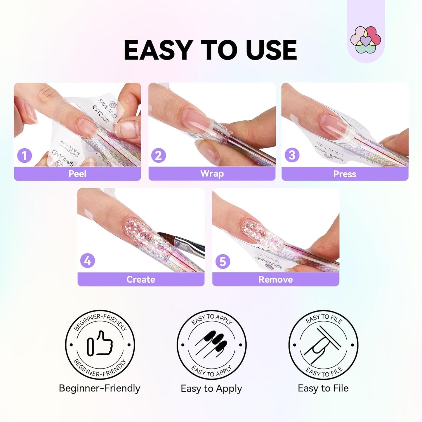 SAVILAND Plus Nail Forms: Reusable Sticky Nail Form for Builder Gel Super Adhesive Nail Extension Forms for Acrylic Nails with Precise Length Guide for Nail Art