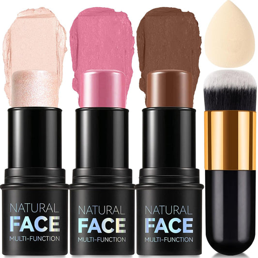 3 Colors Cream Contour Stick, Shades with Highlighter Stick,Blush Stick and Bronzer Contour Stick for Sculpt the Cheeks,Long Lasting,Waterproof,Matte & Dewy Finish for Women (LIGHT MEDIUM(2+5+6)) | alldaygood beauty