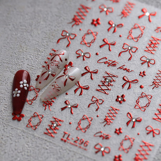 5D Embossed Red Bows Nail Stickers, Nail Art Sticker with Crystal Rhinestones Self-Adhesive Nail Decals for Women Nail Supplies Art Design Stickers (1, Red) | alldaygood beauty