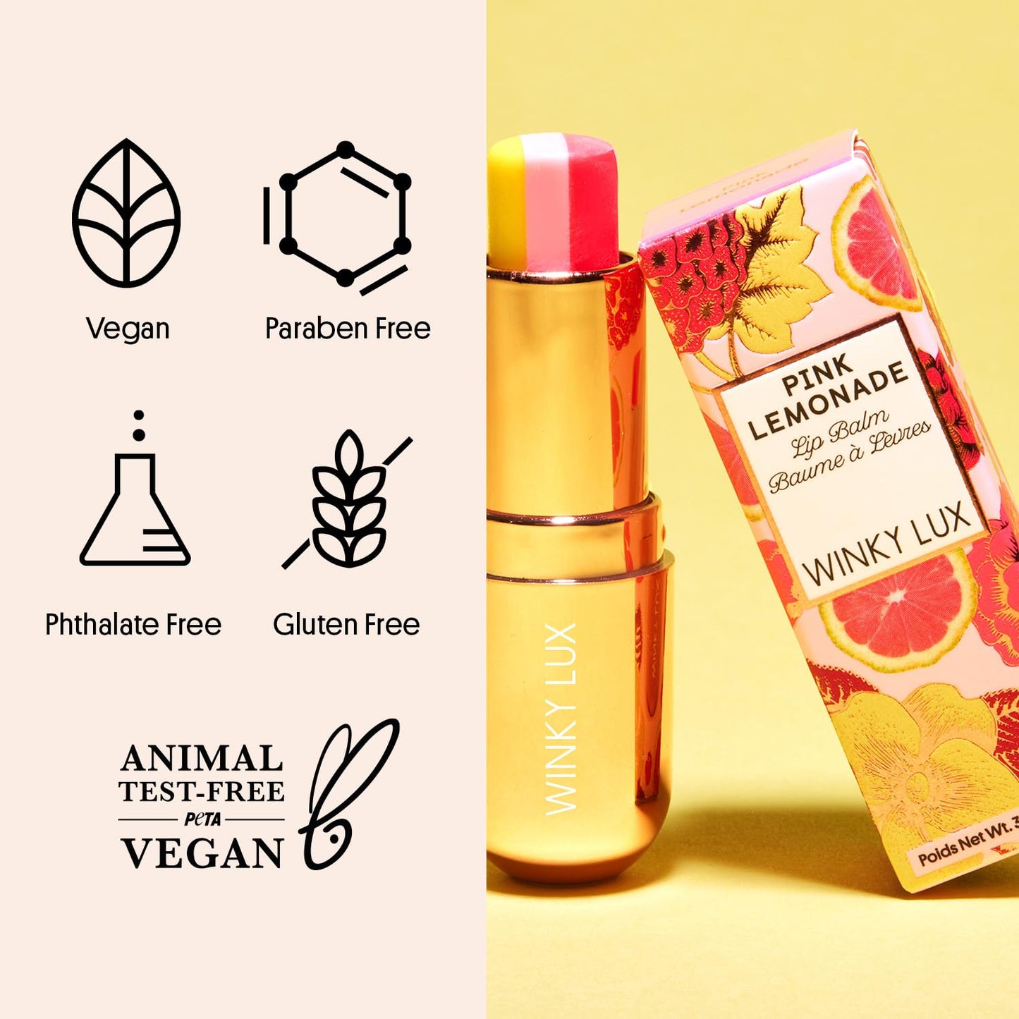 Winky Lux Pink Lemonade Tri-Color Tinted Lip Balm – Lip Care with Jojoba Oil & Vitamin E, Sheer Tint, Juicy Citrus Scent, Softens and Hydrates Dry Lips