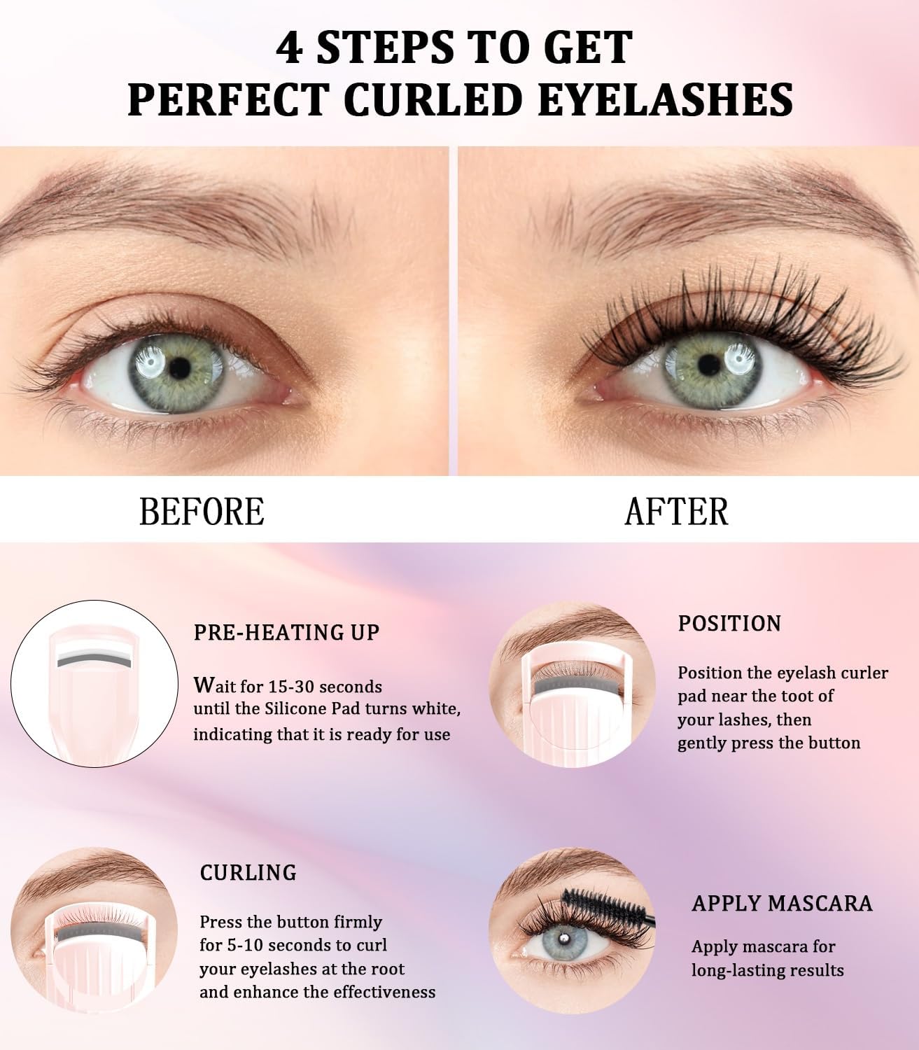 Heated Eyelash Curler Premium PRO - Fast Heat up in 8s - 24 Hours Long Lasting - Rechargeable Electric Eyelash Curler with Type-C, Innovative L Silicone, 2 Heat Modes, Anti-Burn Eyelid, Pink-DB