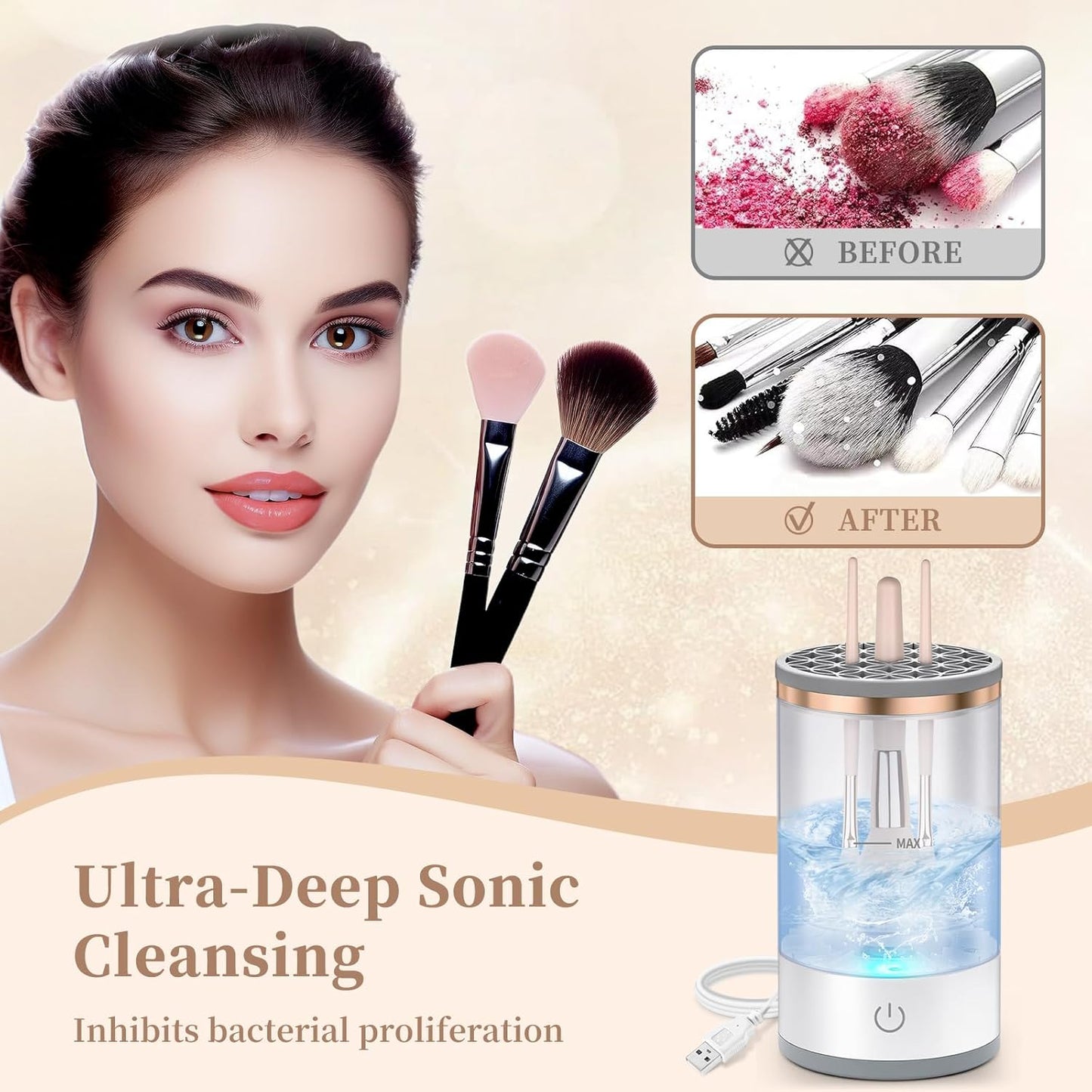 Electric Makeup Brush Cleaner, Quick Efficient Machine for Deep Cleaning All Types of Brushes, Portable Compact Design for Travel Home Use, for Makeup Lovers & Professionals - White