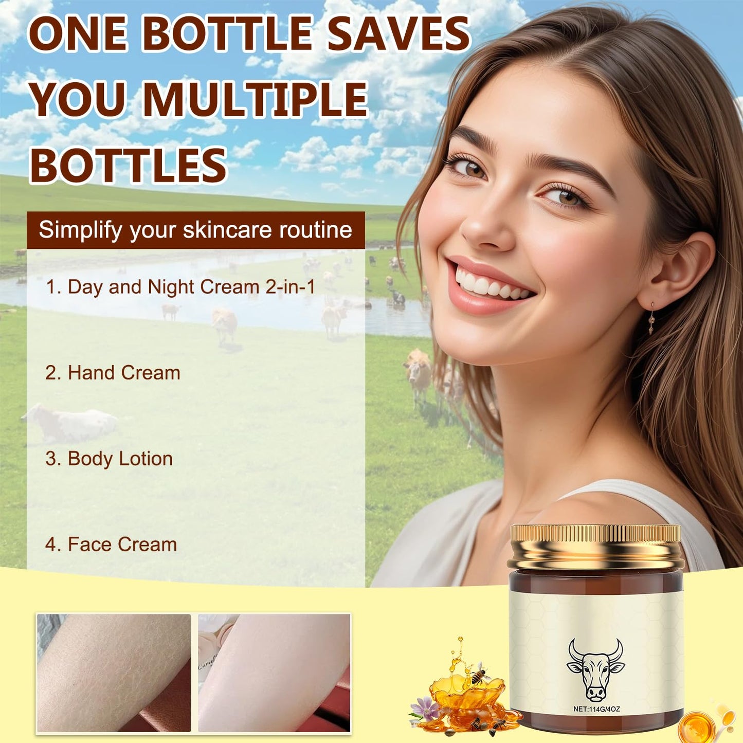 Beef Tallow For Skin - Organic Grass Fed Whipped Moisturizer Natural Hydrating Cream Deeply Moisturizing For Face & Body, Suitable For Dry & Sensitive Skin 4oz