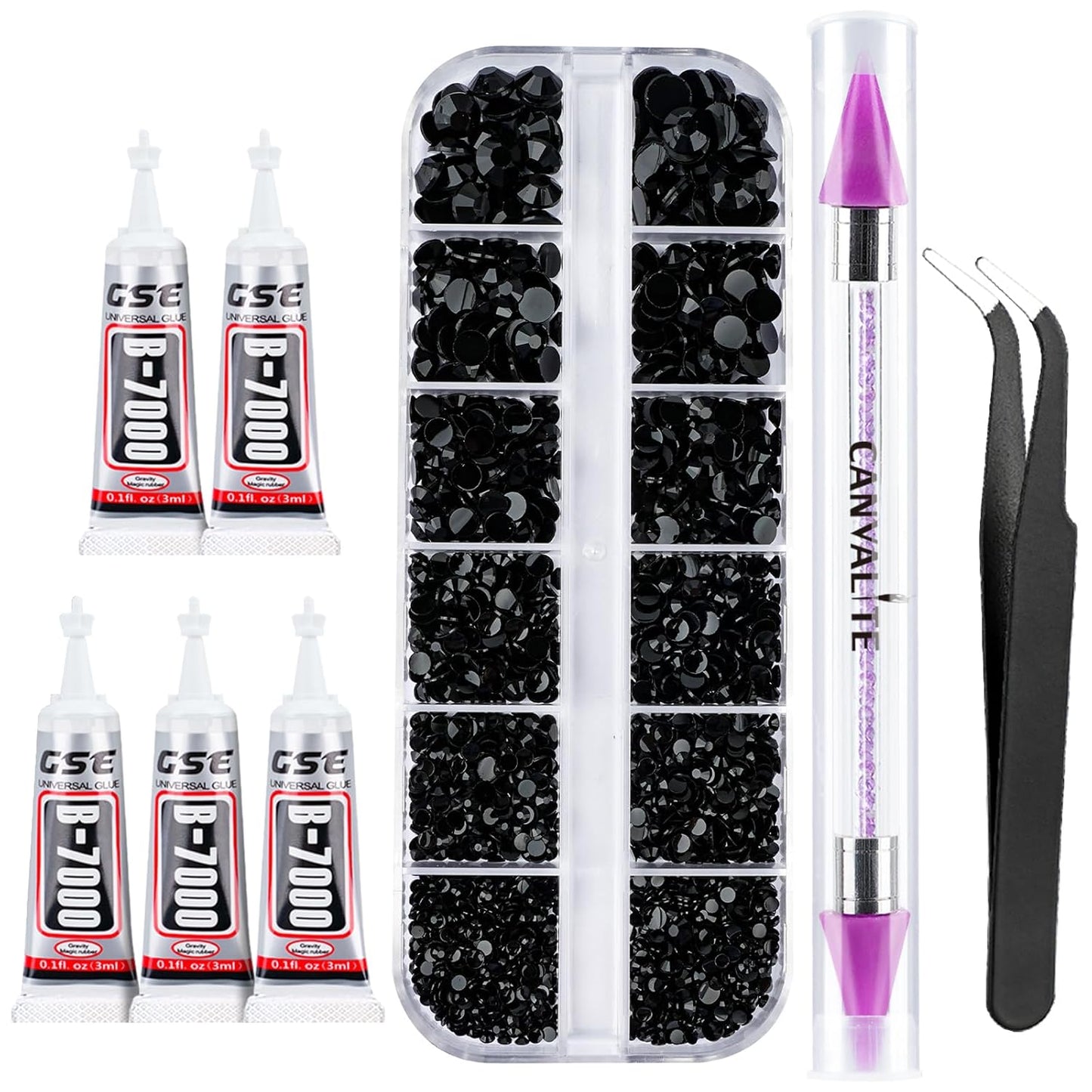 Canvalite 2784PCS Black Rhinestones Flat Back Gems, Nail Rhinestones Nail Art Gems with 5Pcs Jewelry Glues, Tweezers and Rhinestone Picker, Nail Art Tools for Nails, Clothes, Face, Crafts