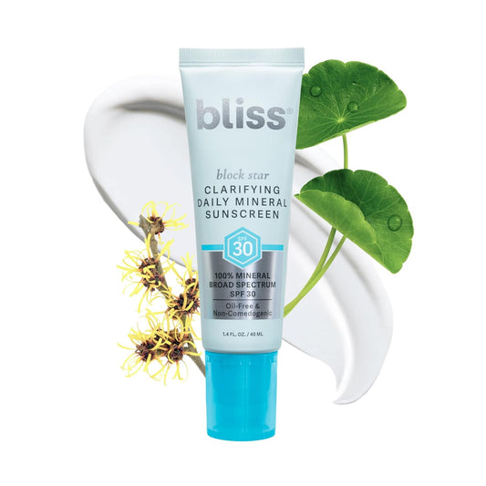 Bliss Block Star Clarifying Daily Mineral Sunscreen Broad Spectrum SPF 30, Blendable Pore Safe Formula for Blemish Prone Skin with Salicylic Acid and Witch Hazel, 1.4 Fl Oz | alldaygood beauty