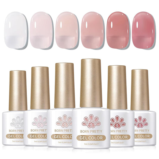 Born Pretty Milky White Jelly Nude Pink Gel Nail Polish Translucent Natural Sheer Pink Soak Off U v Light Cure Gel Polish Kit for Salon and Nail Art DIY at Home 6Colors | alldaygood beauty