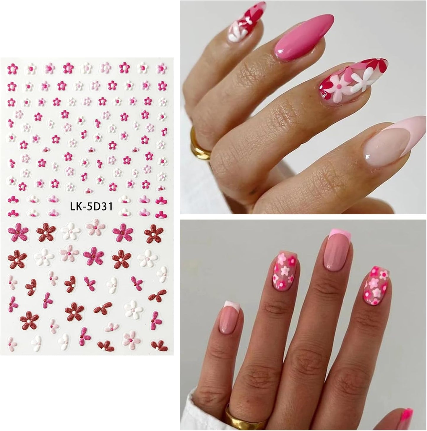 Nail Art Stickers Decals 5D Embossed Flower Nail Decals Self Adhesive Spring Summer Plumeria Tulip Supplies 3D Nails Design for Women Decoration Pink Flower Nails Sticker