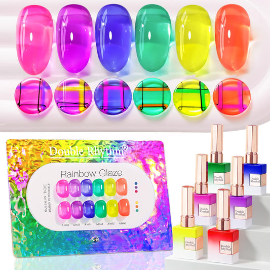 Double Rhythm 6 Pcs 15 ML Gel Polish Set Same Color Same Bottle Soak Off Jelly Neon Gel Polish Kit Nail Art Manicure Salon DIY at Home (Pink Purple Blue Green Yellow Green-T6-50) | alldaygood beauty