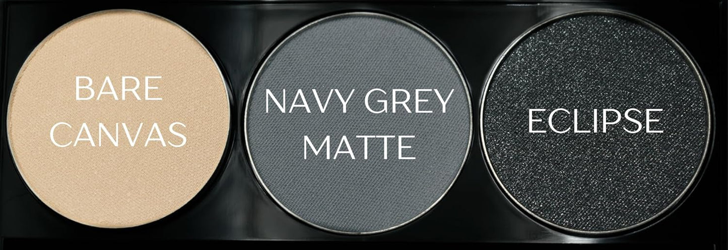 Off White, Matte Medium Grey Blue, and Glitter Black Deep Navy Blue Vegan Eyeshadow Trio Palette; Talc, Paraben & Cruelty Free