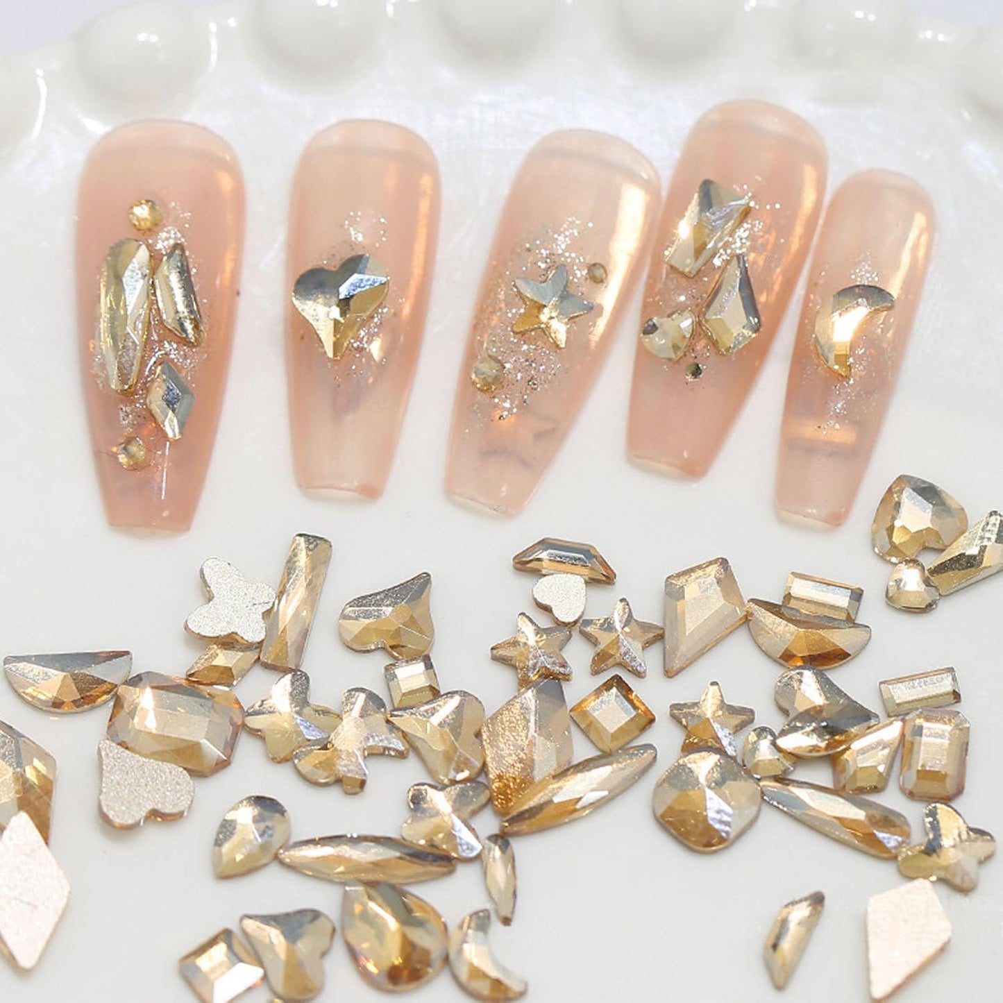 Nail Rhinestones Kit, 18 Types of 900 Special-Shaped Nail Diamonds + 3200 Flat-Bottomed Rhinestones, Champagne Crystals DIY Crafts Gold Gemstones for Nail Art Design