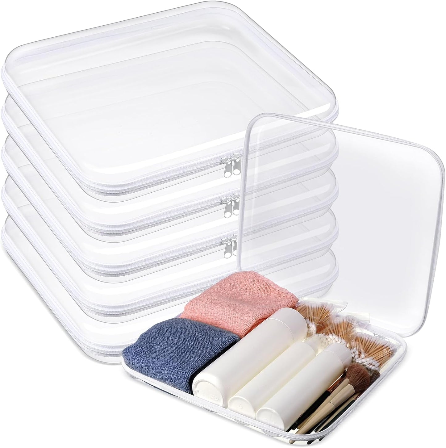 Sanwuta 6 Pcs Clear Hard Zipper Case Pencil Pouches Hard Plastic Zipper Pouches Makeup Bag Transparent Cases for Snacks Plastic Storage Organizer Box for Travel(White,13.78 x 11.81 x 2 Inch)