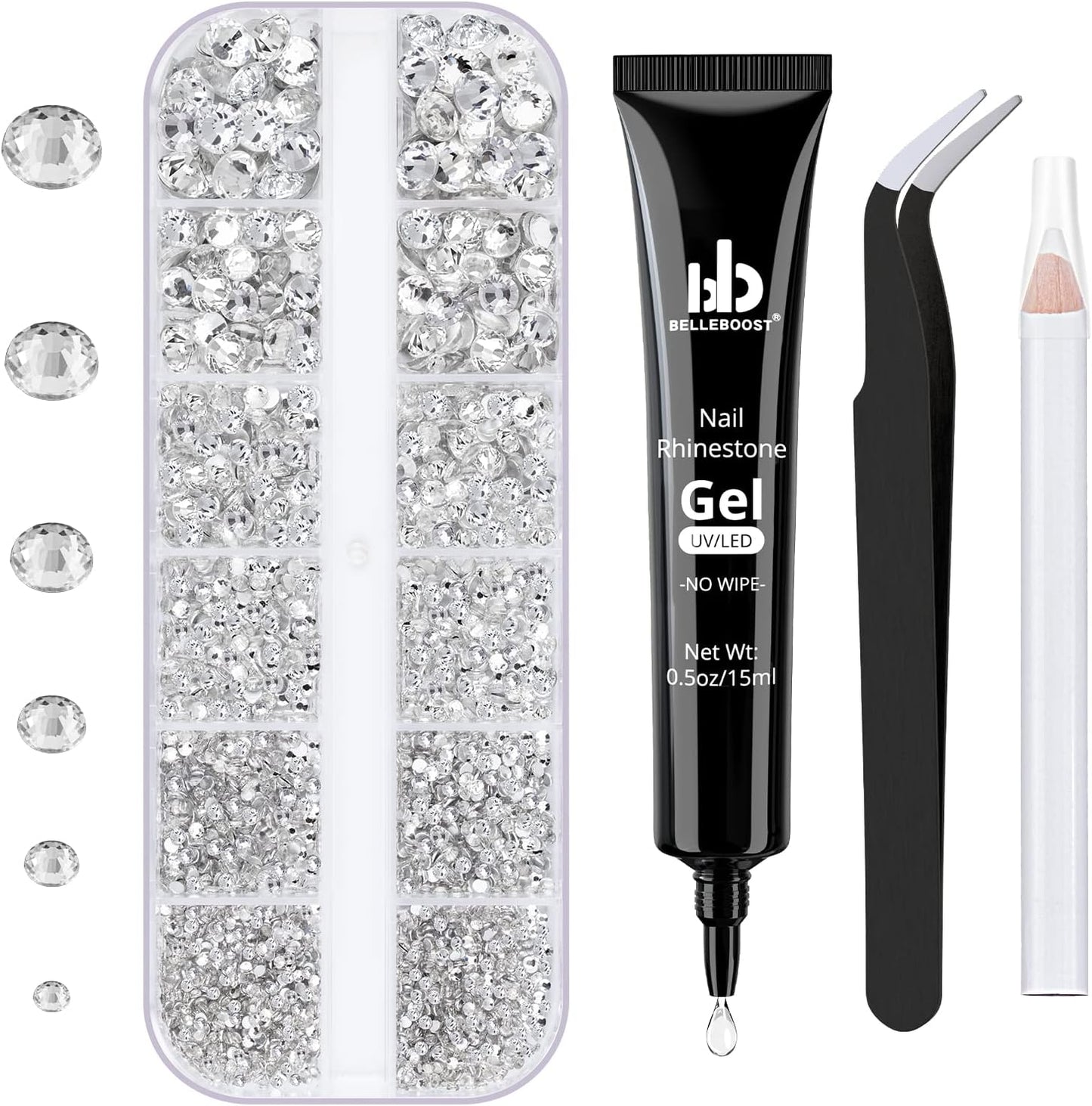 Nail Art Rhinestone Glue Gel&Flatback Gems Accessories Kit, 1 Tube of 15ml Rhinestone Gel Glue(UV/LED Needed)+1 Box of Flat-Back Round Glass Crystal Clear Gemstones with Pickup Pencil and Tweezer