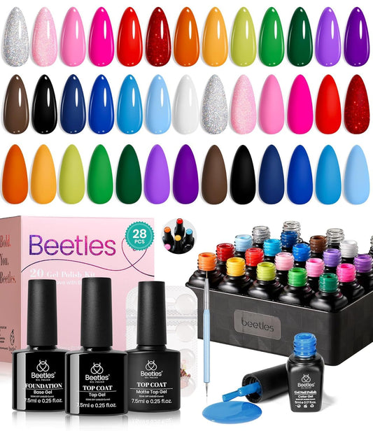 beetles Gel Polish Set, 20 Color Pink Yellow Green Red Blue Gel Nail Polish Blokecore Collection with Sports Nail Charms Base Top Coat and Double-ended Brush DIY Home Rainbow Nails | alldaygood beauty