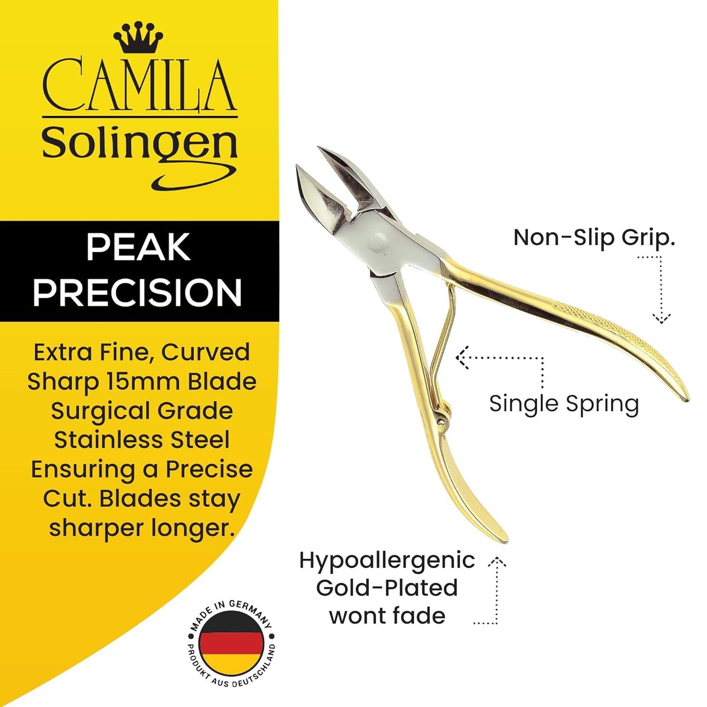 CS11 Professional 4" Fingernail Toenail Nipper/Clipper/Cutter for Manicure/Pedicure. Heavy Duty Precision Super Sharp Curved Stainless Steel 15mm Blade from Solingen Germany (Gold)