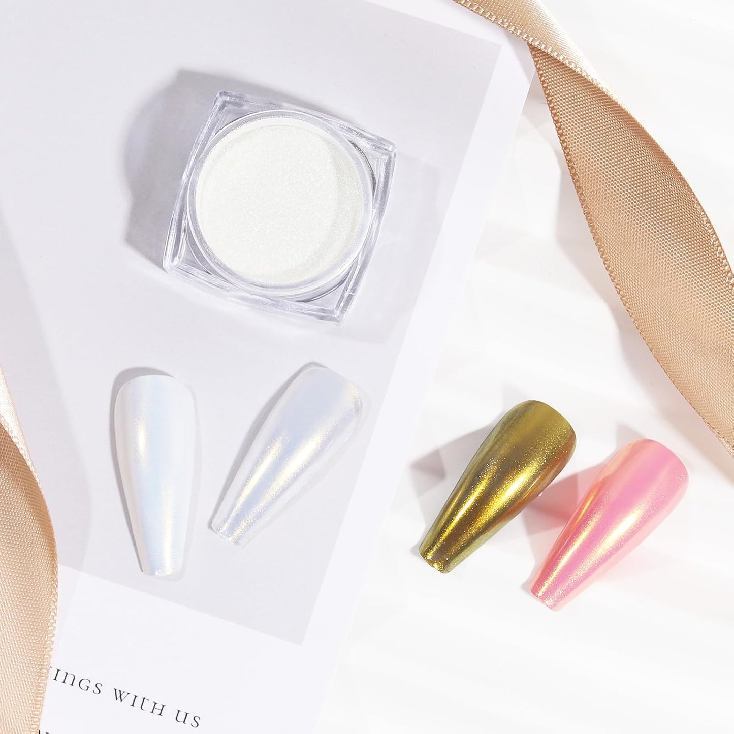 Artdone 2 Jars Chrome Nail Powder White and Gold Pearl,Iridescent Aurora Powder Metallic Mirror Effect Pigment Pearlescent Mermaid Pearl Glitter Dust Kit (White and Gold)