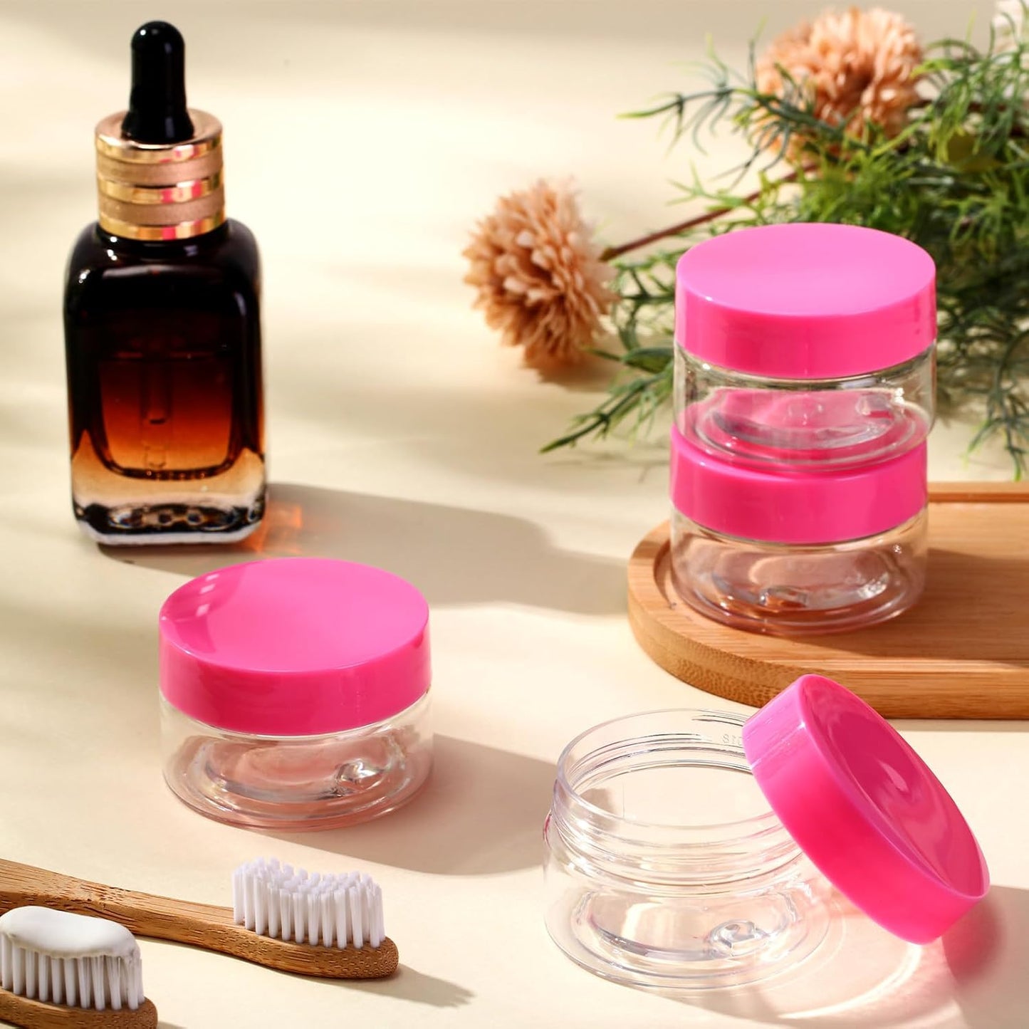 SATINIOR 100 Pcs Plastic Jars with Lids Small Containers Lids Wide Mouth Small Plastic Containers for Lotion Cream Rhinestones Body Butters Travel Storage(1 oz,Pink)
