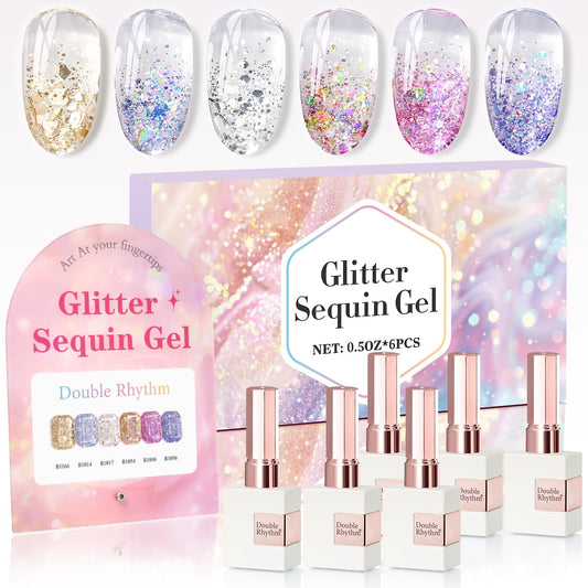 Double Rhythm 0.5 Oz Glitter Gel Polish Set of 6 Color with Display Board 15 ml Full Size Kit Shimmer Reflective Sparkle Soak Off Manicure Salon DIY at Home (Gold Blue Silver Purple Pink-T6-37) | alldaygood beauty