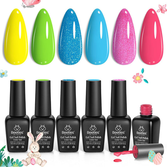 Beetles Neon Gel Polish Set, 6 Colors Glitter Blue Hot Pink Gel Nail Polish Green Nail Polish Shimmer Nail Design Nail Art Soak Off U v Nail Lamp Cured Manicure Kit Diy at Home Gifts for Women | alldaygood beauty