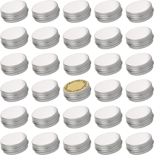 0.5 oz Screw Top Aluminum Tin Jar with Screw Lid and Blank Labels (Silver - Pack of 32)
