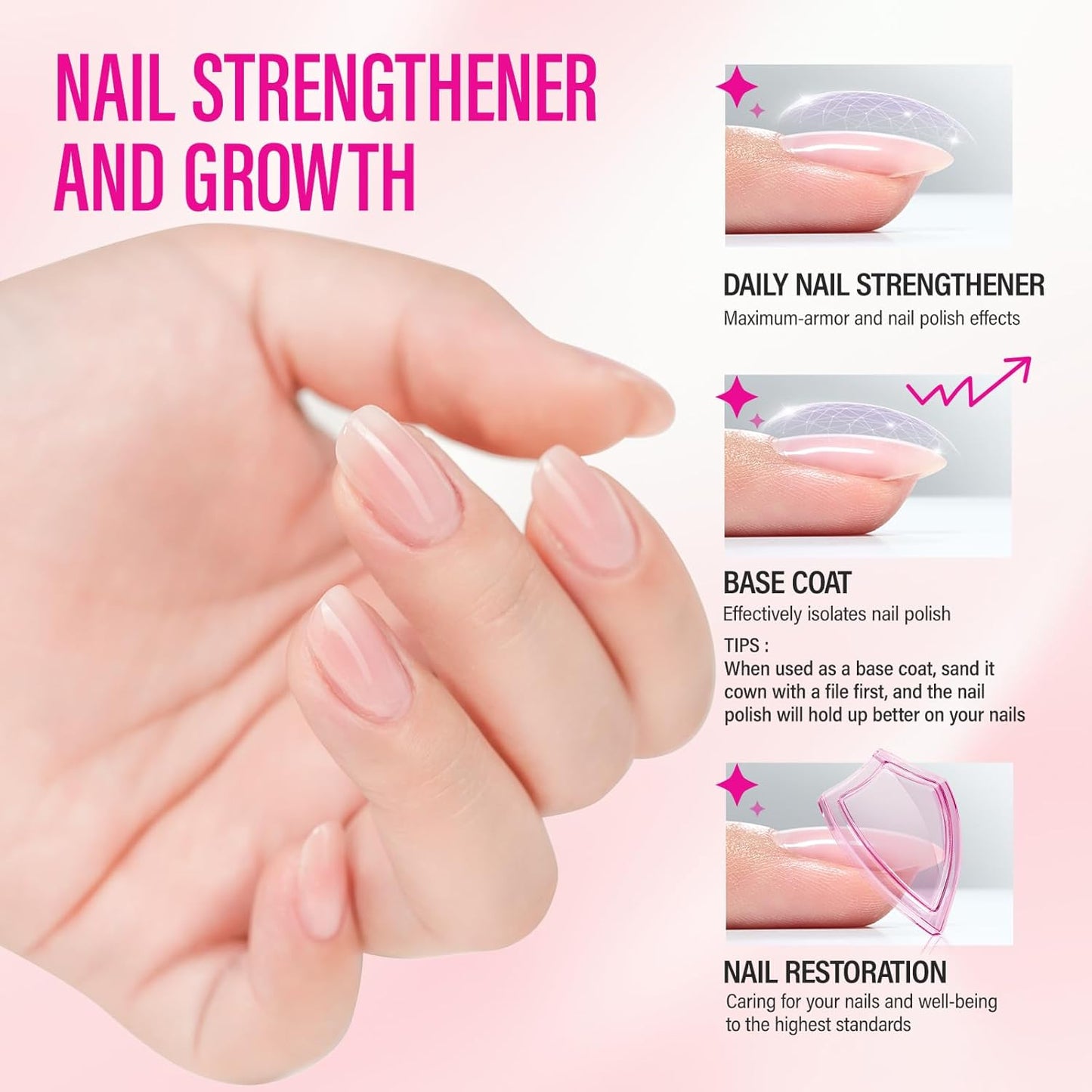 Nail Strengthener for Women: 8 in 1 Soft Pink Natural Nail Hardener Extra Strong and Growth - Nail Polish Hardener Ridge Filler Concealer for Weak and Damaged Nails 15ml