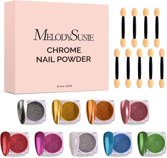 MelodySusie 9Pcs Chrome Nail Powder for Gel Nails,Metallic Mirror Effect Pigment Stylish and Technological Fine Glitter for Home DIY Salon Use | alldaygood beauty