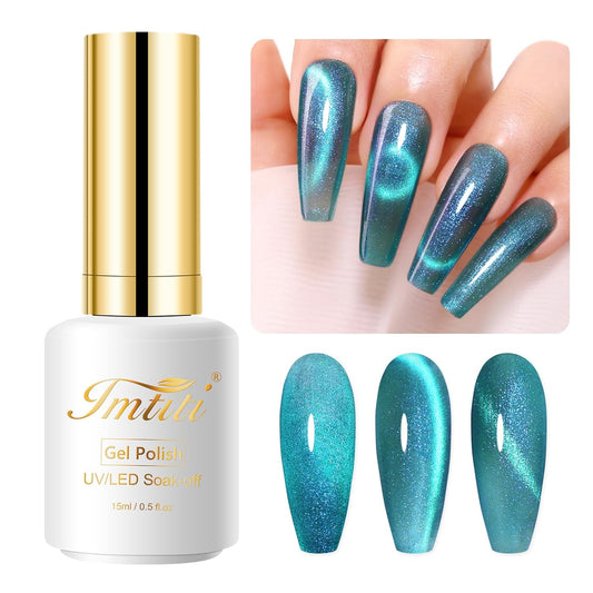 Imtiti Aurora Cat Eye Gel Nail Polish, 15ml Galaxy Cyan Blue Holographic Glitter Cat Eyes Magnetic UV Soak Off Gel Nail Polish with Magnet Set | alldaygood beauty