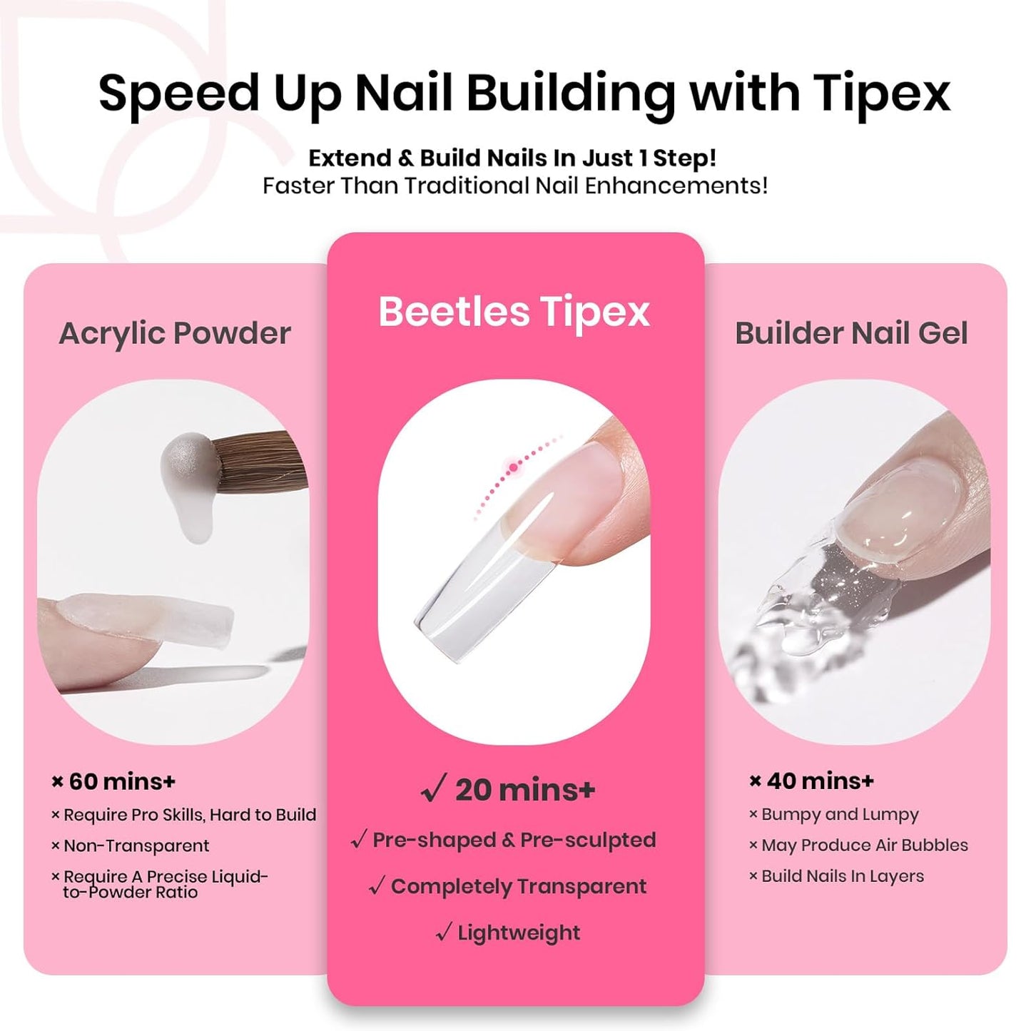 Beetles Tipex Nail Tips Kit, Long Square-C Curved Half Matte Nail Tips 224 Pcs 16 Sizes Pre Building Fake Nails with Tipex Nail Glue, Mini Nail Lamp - Thick Acrylic Nail Set
