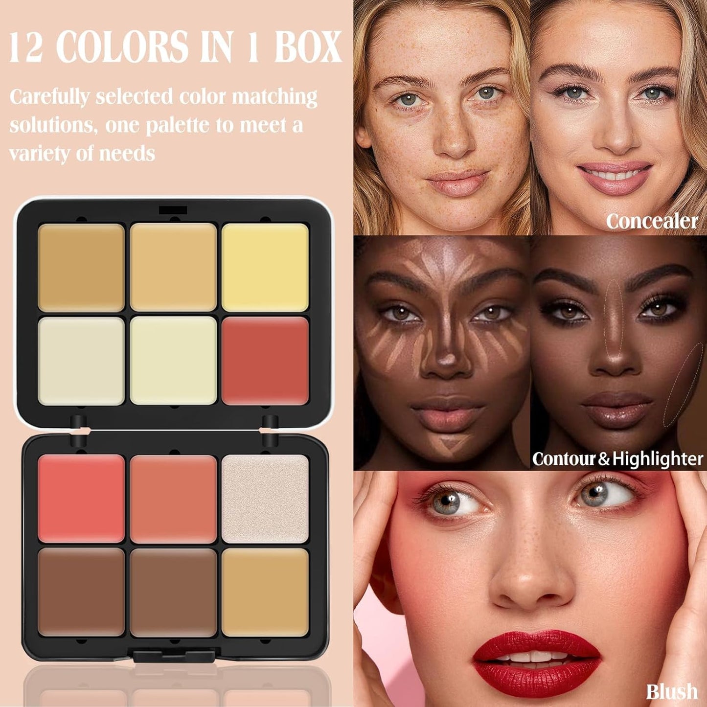 12 Colors Cream [Blush+Contour+Concealer+Highlighter] Makeup Palette for Cheeks - Multi-functional Makeup Palette with Brush, Natural Matte Long Wearing, Waterproof Face Makeup Palette (#05)