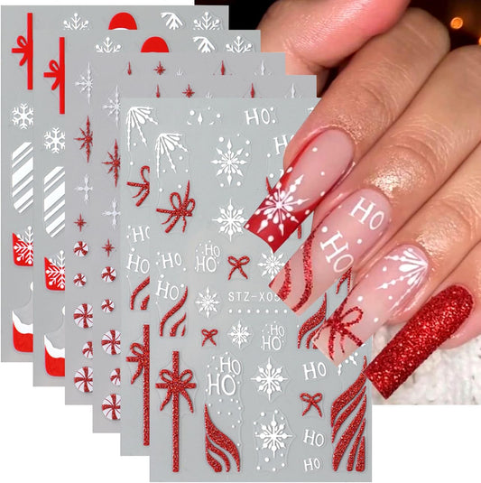 6Sheets Red Christmas Nail Art Stickers,Christmas Hat Snowflake Gift with French Bow Snowflakes Hat Glitter Design 3D Self-Adhesive Decals Supplies Winter New Year Manicure Tips Decoration for Women | alldaygood beauty