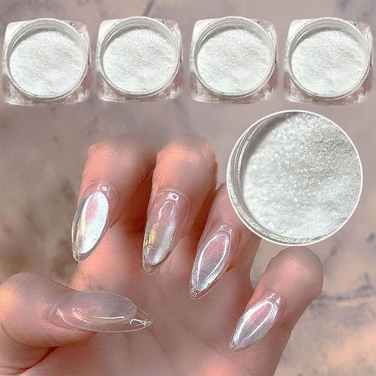 4pc Pearl Chrome Nail Powder Ice Transparent Chrome Powder for Nails, Rainbow Holographic Nail Chrome Powder for Manicure Decorations(4pc White) | alldaygood beauty