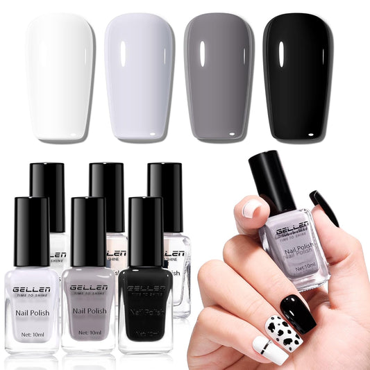 Gellen 4 Colors Black White Gray Nail Polish Set & Base Top Coat, Fall Winter Trendy Winter Black White Grey Regular Nail Polish Quick Air Dry Set for Women DIY Nails Home Salon, Hema Free, Toxin Free | alldaygood beauty