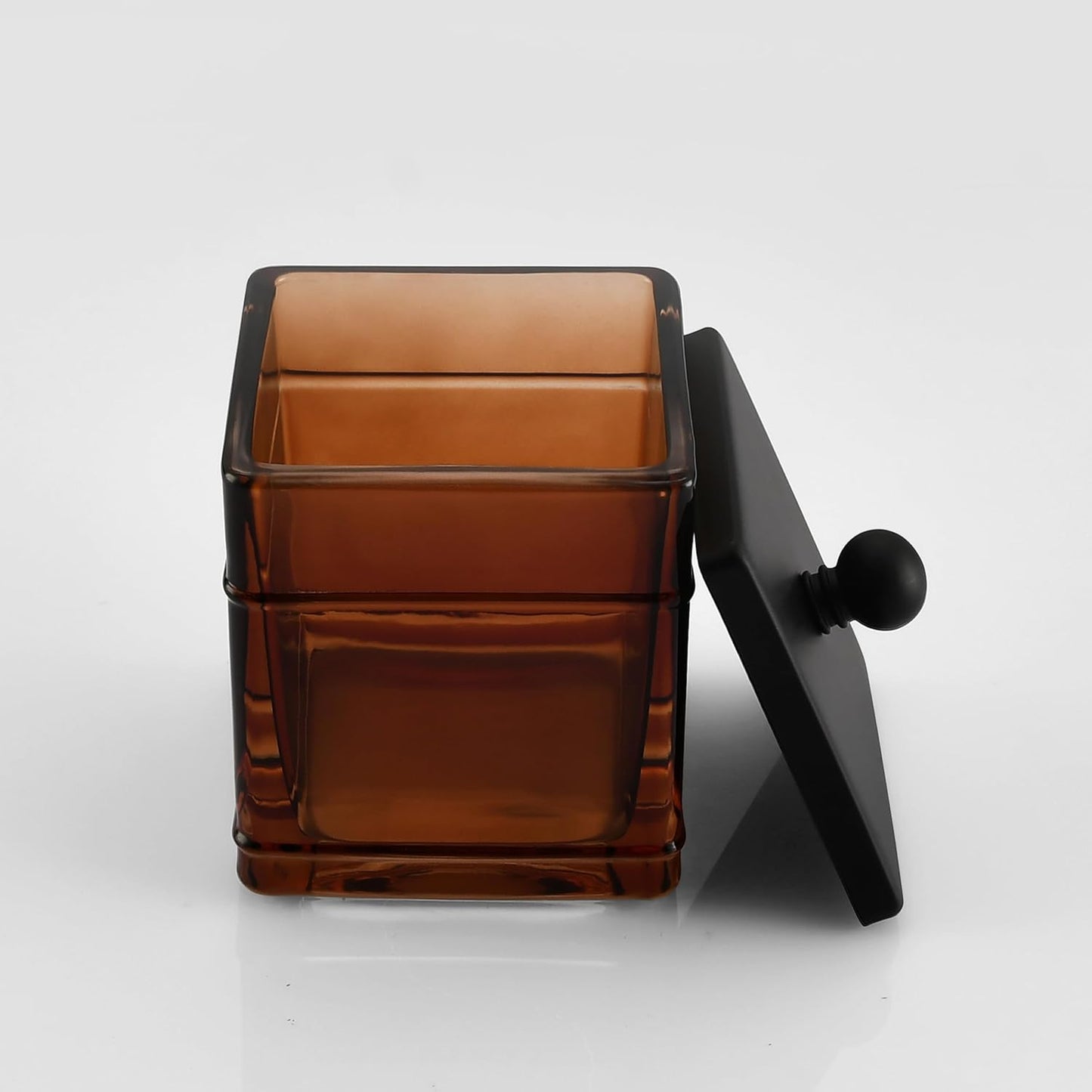 Amber Glass Cotton Jar Holder – Black Lid Elegant Bathroom Storage Canister for Qtips, Cotton Balls, Floss, Makeup Organizer, Vanity & Bathroom Organization