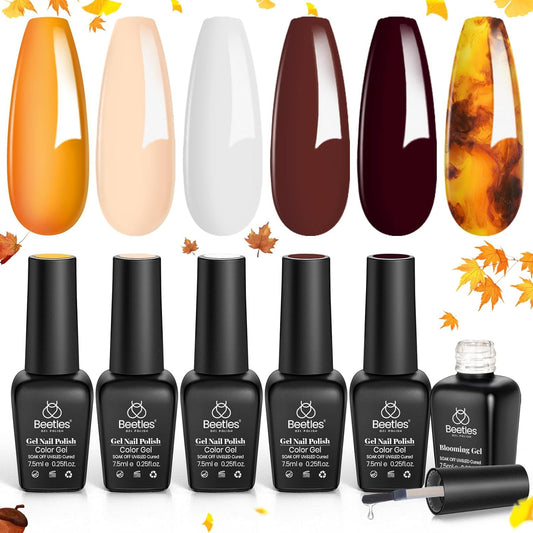 Beetles Fall Gel Polish with Blooming Gel - Amber Attraction 5 Colors Brown Gel Polish White Wine Fall Color Nail Polish Set Clear Blooming Polish Soak Off Uv Nail Art Gfit Set for Women | alldaygood beauty