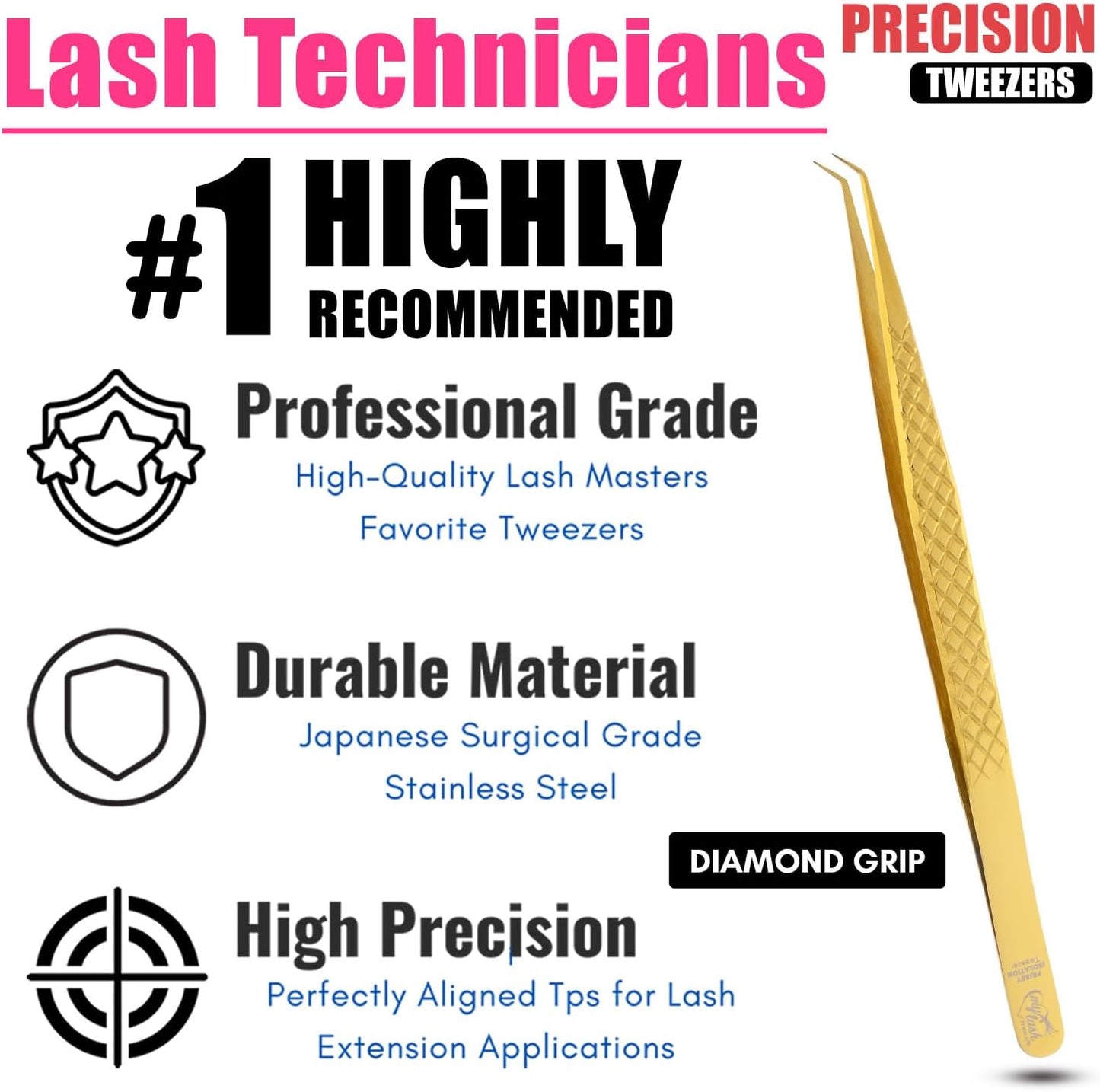 Curved Isolation Tweezers for Lash Extensions – Diamond Grip, Stainless Steel 14cm Best for Individual Isolation & Classic pinzas para pestaña (Gold titanium)