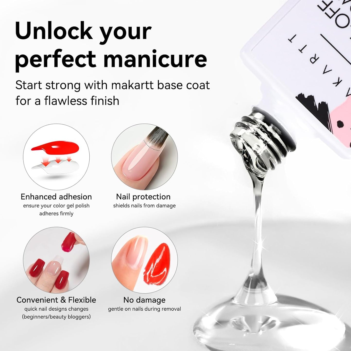 Makartt Peel Off Gel Base Coat: 15ML UV Peelable Base for Gel Nail Polish, Press-On, Nail Tips – Easy Removal, No Soak-Off, UV LED Lamp Required, for Beginners Thin Nails
