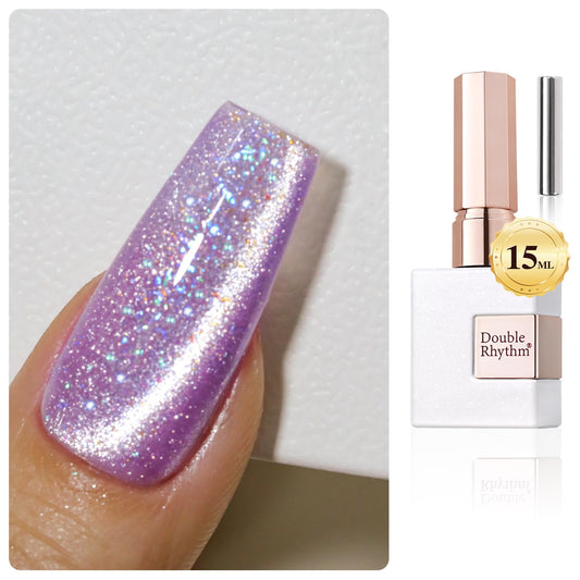 Double Rhythm 0.5 OZ Cat Eye Gel Polish with Magnet 15ML Holographic Glitter Shimmer Translucent Jelly Color Magnetic Gel Polish Salon DIY at Home (Rainbow Purple-MC1011) | alldaygood beauty
