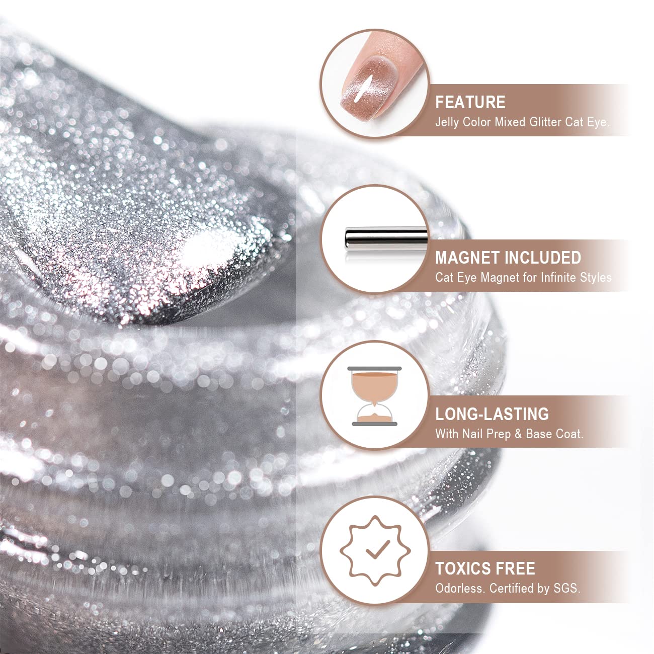 RARJSM Magnetic Cat Eye Gel Nail Polish Rose Gold Silver Glitter 15ml 9D Cateye Galaxy Universal Shimmer Velvet Ice Gel Polish Single Bottle with Magnet Stick UV LED Curing Require Soak Off Home Salon