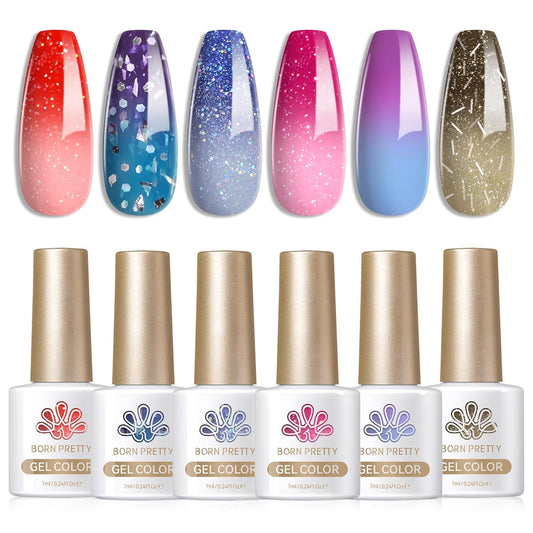 Born Pretty Color Changing Gel Nail Polish, 6 Colors Glitter Temperature Change Gel Polish Red Hot Pink Blue Long Lasting Nail Polish U V Set for Manicure and Nail Art, DIY at Home, Salon-Quality 7ml | alldaygood beauty