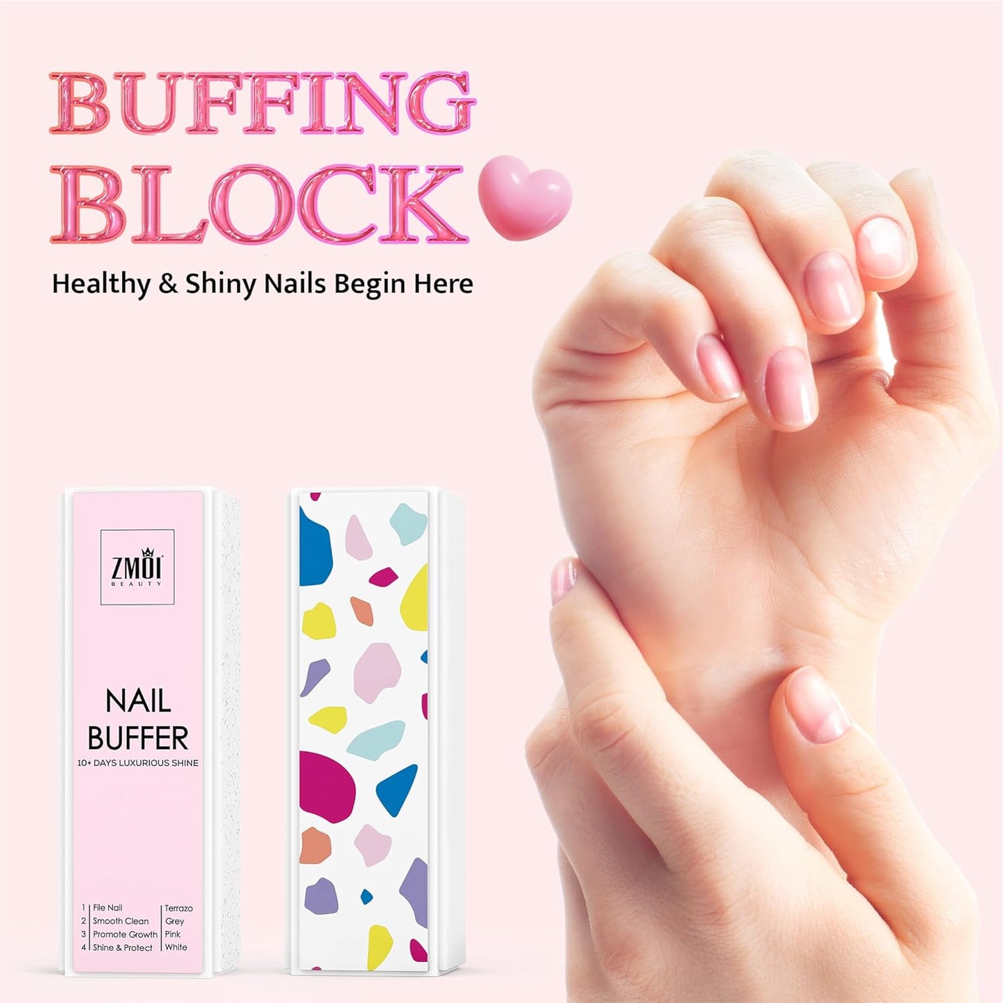 Pro Nail Buffer Block – 2 Pack Luxurious Shine Korean 4-Way Nail Buffing Block Pink – Natural Shine Nails – Manicure/Pedicure Tools for Home and Salon